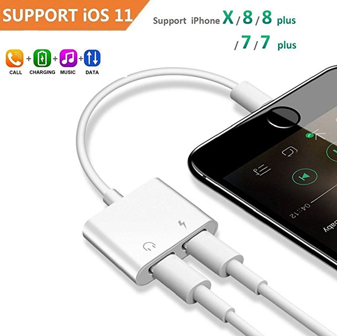 2 in 1 Lightning Headphone Jack and Charger Adapter for iPhone X 8 7 6 Plus, Converter AUX Female Audio and Charging Adaptor Cable Support Volume Control Call Sync Data for iOS 11 And iOS 10.3