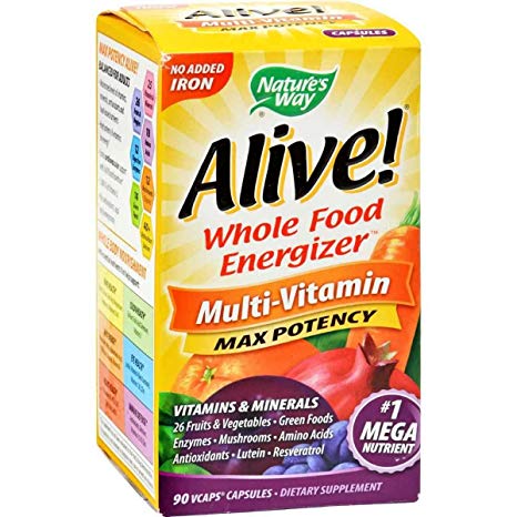 Natures Way Alive! Whole Food Energizer Multi Vitamin Max Potency No Added Iron (90 Vegetarian Capsules, No added Iron)