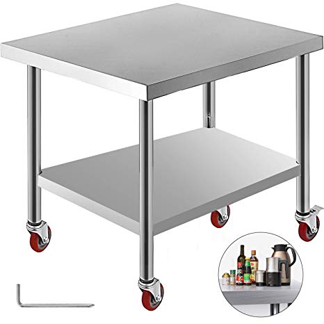 Mophorn 30x36 Inch Stainless Steel Work Table 3 Stage Adjustable Shelf with 4 Red Wheels Heavy Duty Commercial Food Prep Worktable with Brake