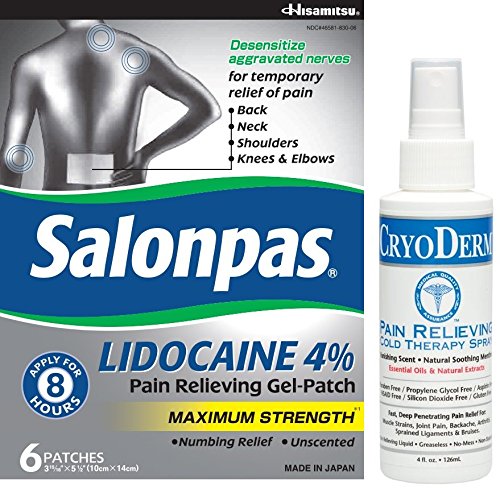 Salonpas LIDOCAINE and CRYODERM 4 oz Spray Bundle with Salonpas Pain Relieving Maximum Strength 4% Lidocaine Gel Patch and Cryoderm Pain Relieving Cold Therapy Spray!