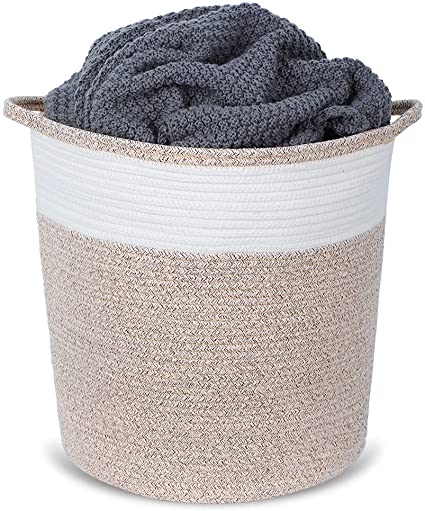 Large Woven Rope Storage Basket - 14"x16"x18" Funnel Design Natural Cotton Rope Pillow Blanket Baskets | Nursery Clothes Laundry Hamper - Kids Toy Organizer Storage Bin with Handles