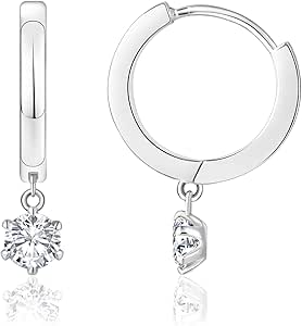 KRKC&CO Gold Dangle Drop Hoop Earrings For Women, 15mm Small Huggie Charm Hoop, S925 Sterling Silver, 14K Gold/White Gold Plated, Hypoallergenic Dainty Diamond Earrings