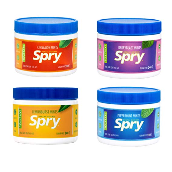 Spry Xylitol Mints, Berry Blast, Cinnamon, Lemon Burst, & Peppermint Variety Pack, 240 Count (4-Pack) - Breath Mints That Promote Oral Health, Increase Saliva Production, and Stop Bad Breath