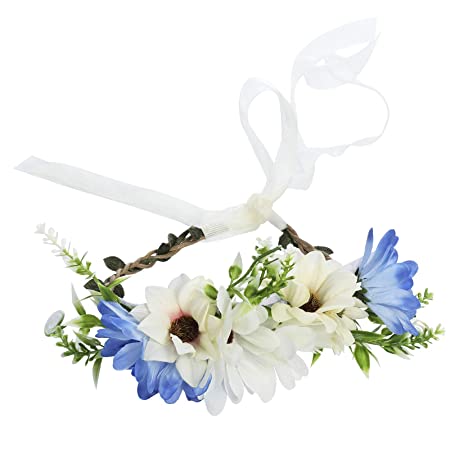 AWAYTR 2Pcs Fashion for Bohemian Style Wedding girls Headdress Floral Flower Garland Headwear Headbands(blue white)