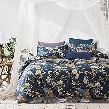 Eikei Oriental Garden Majestic Peacock Bird Floral Duvet Cover Chinoiserie Chic Asian Style Blooming Trees Vines and Branches Long Staple Cotton 3pc Bedding Set (Orion Blue, King)