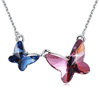 Swarovski Element Necklace "Butterfly Lovers" Pendant Necklace with Swarovski Crystal, 18", Birthstone Birthday Gifts for Women