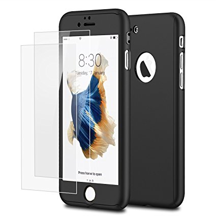 iPhone 7 Case,Joseche Full Body Protection Hard Slim Premium Cover[Dual Layer][Slim Fit] with 2 Tempered Glass Screen Protector for iPhone 7 4.7inch (Black)