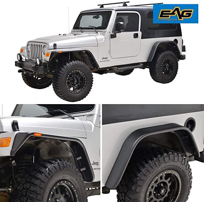EAG Front and Rear Fender Flares with Side LED Lights Flat Style Fit for 97-06 Jeep Wrangler TJ