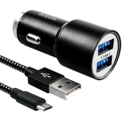 BULESK Car Charger, 24W 4.8A Rapid Dual Port USB Car Adapter with 3FT Micro USB Cable Charging Cord with Safety Hammer for Android Devices, Samsung Galaxy, Sony, Motorola Nokia,and More - Black
