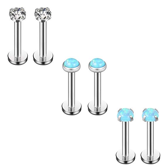 Ruifan Opal & Clear CZ Internally Threaded Stainless Steel Labret Monroe Lip Ring Tragus Helix Earring Stud 16G 5/16" 8mm 6PCS