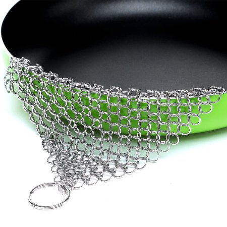 SySrion Cast Iron Cleaner Xl 7x7 Inch Premium Stainless Steel Chainmail Scrubber