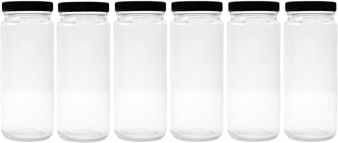 Cornucopia 16oz Glass Juice Jars (6-pack); Reusable Clear Glass Containers with Lids for Juicing, Smoothies, Kombucha, and Iced Tea