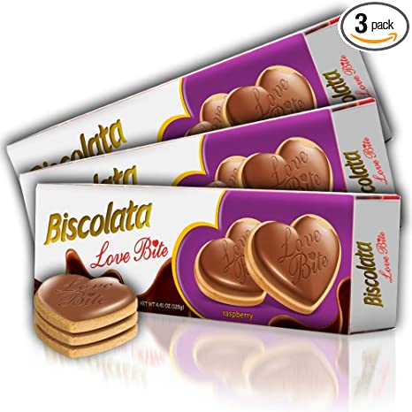 Biscolata Love Bite Chocolate Cookies with Raspberry Cream Snacks Heart Shaped Cookies (Raspberry) (3 Pack)