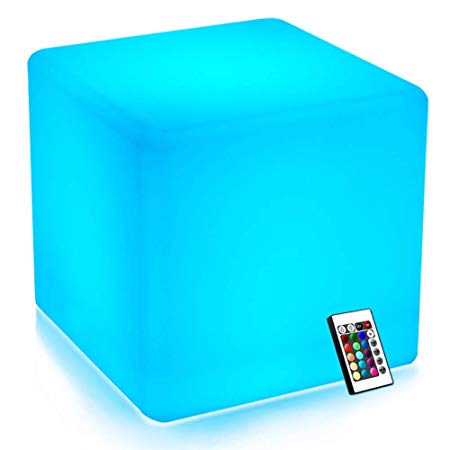 Mr.Go 14-inch 35cm Rechargeable LED Color Cube Light Seat W/Remote Control Magic RGB Color Changing Side Table Stool Home Bedroom Patio Pool Party Mood Lamp Night Light Romantic Decorative Lighting