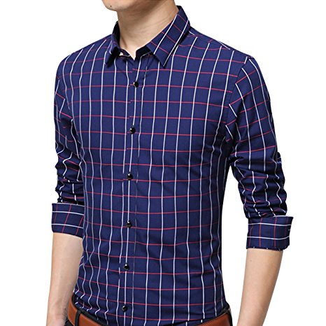 Men's 100% Cotton Long Sleeve Plaid Slim Fit Casual Formal Dress Button Down Shirt XUNMOO