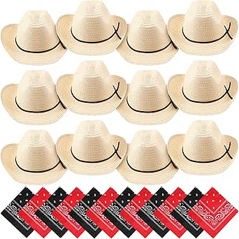 SATINIOR 12 Set Kid Straw Cowboy Hats with Bandanas Cowboy Costume Bandanas for Western Party Kid Costume (Beige)