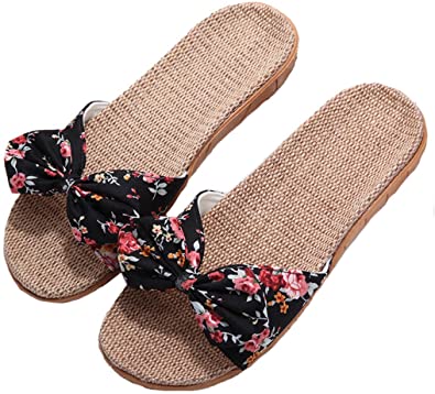 xsby Womens Cozy Indoor Cotton Flax Home Slippers Non-Slip Casual Sandals