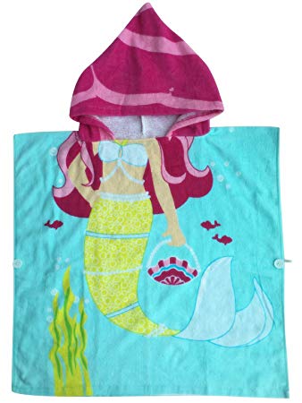 Mermaid Hooded Towel for 1-5 Years Toddler and Child Girls Multi-use for Beach Pool Poncho Towels and Home Bath Robe, Aqua Sea-Maid