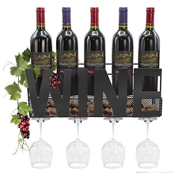 Sorbus Wine Bottle Stemware Glass Rack Cork Holder Wall Mounted - Elegant Storage for Kitchen, Dining Room, Bar, Wine Cellar (Wine - Black)