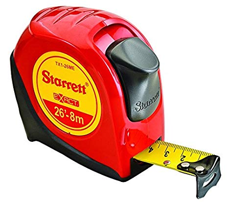 Starrett KTX1-26ME-N-SP01 Exact English/Metric Tape Measure, 1" Wide x 26' (8 m) Long, Graduated in 1/16" with Over molding for Improved Grip