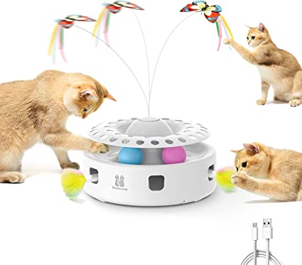 Potaroma Cat Toys 3-in-1 Smart Interactive Kitten Toy, Fluttering Butterfly, Random Moving Ambush Feather, Catnip Bell Track Balls, Dual Power Supplies, Indoor Exercise Cat Kicker (Bright White)