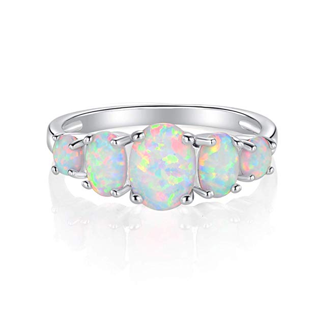 VOLUKA Opal Rings for Women 14K White Gold Plated Opal Crown Band Rings as Promise Engagement Anniversary Jewelry Gift