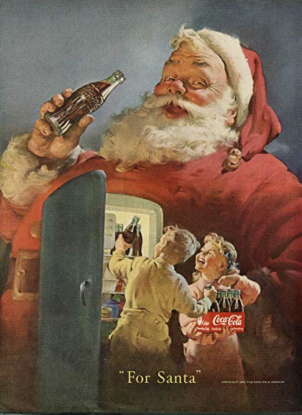 For Santa Coca-Cola ad 1950 kids load refrigerator Sundblom art NY