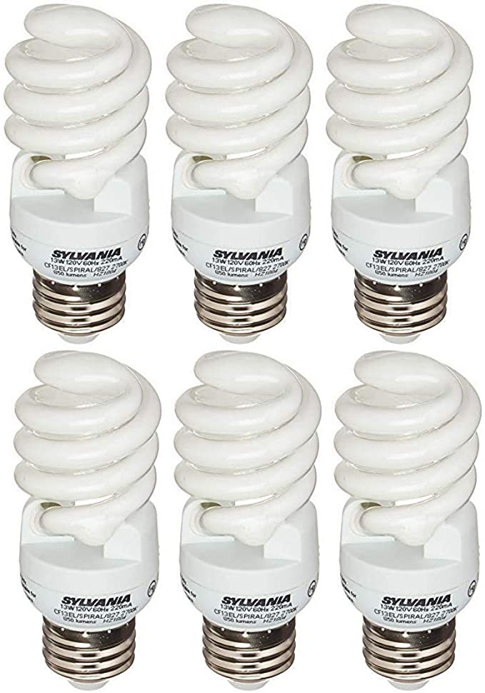 Sylvania 13W CFL T2 Spiral Light Bulb, 60W Equivalent, 850 Lumens, 2700K Soft White, Non-Dimmable (Soft White- 6 Pack)