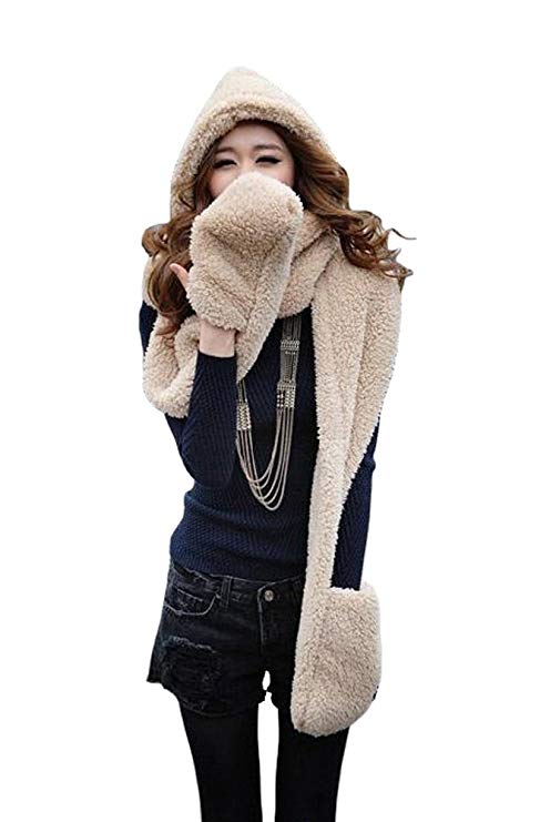 Tonwhar Womens Cute Winter Thick Warm Long Hooded Scarf with Mittens