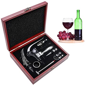 SumDirect Wine Opener Set, Lever-Arm Rabbit Corkscrew, Wine Accessory Sets with Bottle Opener, Foil Cutters, Aerator, Wine Stopper, Thermometers, Drip Rings, Spare Spirals and Dark Cherry Wood Box