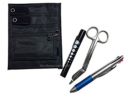 EMI Nurse BLACK Pocket Organizer 4 piece KIT - Pocket Organizer, Lister Bandage Scissor, LED Pupil Gauge Penlight, and Chart Pen