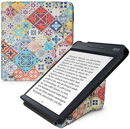 kwmobile Carcasa Compatible con Kobo Libra H2O - Funda magnética de Origami para e-Book - Azulejos Azul/Rojo/marrón Claro