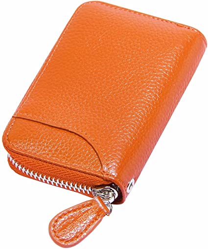 Credit Card Holder Small RFID Wallet Zipper Genuine Leather Wallets Case for Men Women id Compact Slim Zip 12 Individual Credit Card Slots and 2 Cash Slots Orange