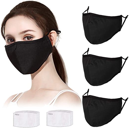 3Pcs Adjustable Face Protector Cloth Mouth Shield Washable Reusable - Black Cotton 3 Layers Safety Shield Protection for Unisex Youth Adult Home Office Work Outdoors - Black
