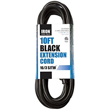 10 Ft Outdoor Extension Cord - 16/3 Heavy Duty Black Cable