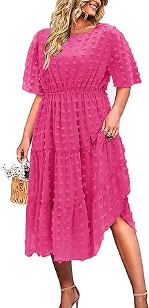 IN'VOLAND Womens Plus Size Swiss Dot Dress Chiffon Short Sleeve High Waist A Line Ruffle Tiered Babydoll Midi Dress