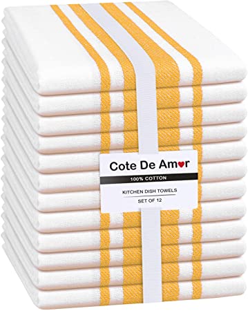 Cote De Amor Set of 12 Kitchen Dish Towels Cotton 15x25 Absorbent Durable Washable, Tea Towels, Dish Cloths, Bar Towels, Cleaning Towels, Kitchen Towels with Hanging Loop, Yellow White