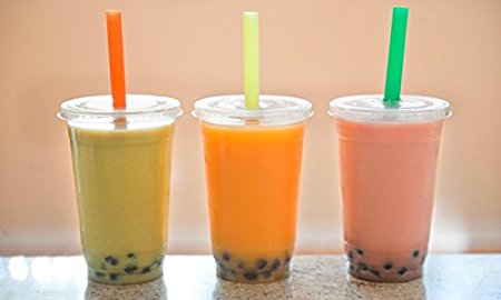 100 Sets 16 oz. Plastic CLEAR Cups with Flat Lids And Fat Straws for Bubble Boba Tea Smoothie By KC commerce