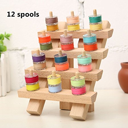 KINGSO 12 Spool Wooden Bobbin Thread Rack and Organizer for Sewing Quilting Embroidery Craft (12 spool)