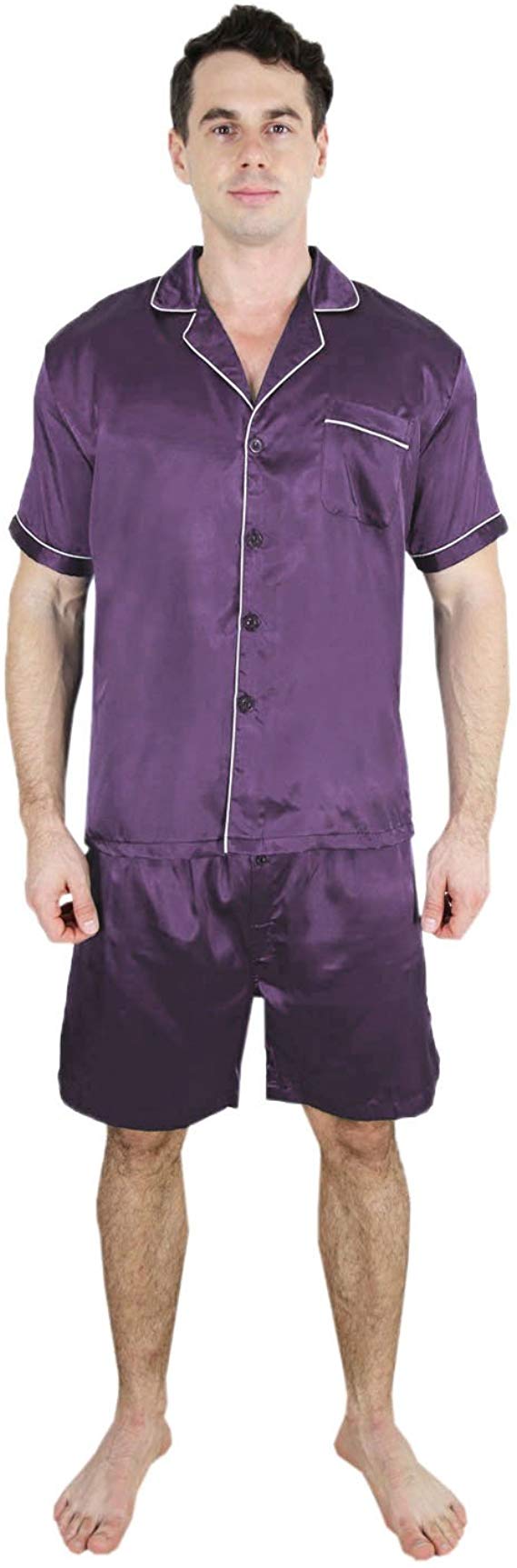 SUPER SILK 2 Pcs Set Mens Silk Pajama/Lounge Top & Shorts Set Purple