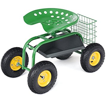 Goplus Garden Cart Rolling Work Seat Outdoor Lawn Yard Patio Wagon Scooter for Planting, Adjustable 360 Degree Swivel Seat w/Tool Tray, Basket (Green)
