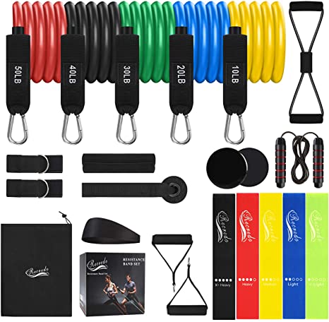 Resistance Bands Set 22pcs, Workout Bands with Handles, 5 Stackable Exercise Bands, 5 Loop Resistance Bands, Core Sliders, Door Anchor, Ankle Straps, Jump Rope, Headband, for Resistance Training