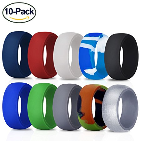Silicone Wedding Ring for Men, 10 Pack Premium Medical Grade Wedding Bands Durable Comfortable Antibacterial Rubber Rings, Black White Blue Silver Gray, Made by Fynix