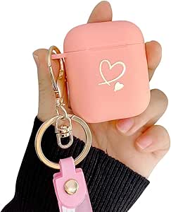 Ownest Compatible with AirPods Case Soft TPU with Gold Heart Pattern Cute Fruit Flowers Keychain Shockproof Cover Case for Girls Woman Airpods 2 &1-Pink