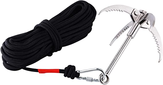 Ant Mag Grappling Hook Stainless Steel Claw Carabiner for Fishing & Retrieval with 20m/65ft 8mm Auxiliary Rope for Outdoor Climbing and Salvage Underwater