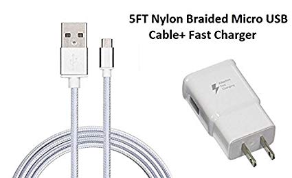 Galaxy S7 S7 Edge S6 S6 Edge LG G2 G3 G4 for Samsung Adaptive Fast Charger Micro USB 2.0 Cable{Wall Charger + 5FT Nylon Braid Cable} Fast Charging for up to 50% Faster(Silver)