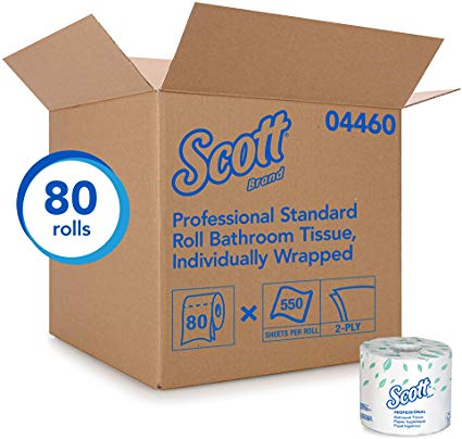 Scott Essential Professional Bulk Toilet Paper for Business (04460), Individually Wrapped Standard Rolls, 2-PLY, White, 80 Rolls / Case, 550 Sheets / Roll