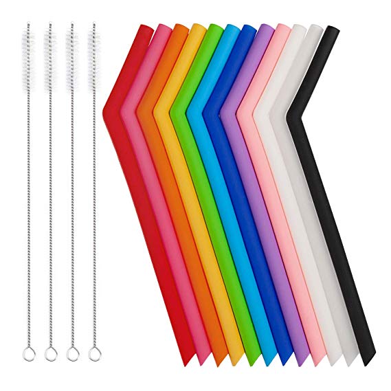 YIHONG Reusable Silicone Straws Set of 12 Drinking Straws 9.8 Inch Long for 20oz 30oz Tumblers Smoothies Milkshakes Coffee(12 Bent 4 Cleaning Brushes  1 Pouch)