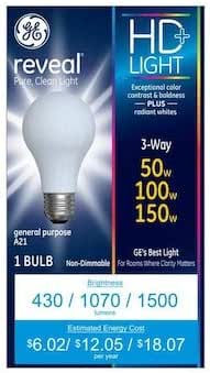 GE Reveal 150-Watt 3-Way Bulb A21 Light Fixture 64594 Incandescent Light Bulb