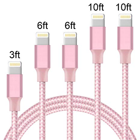 Lightning Cable,ONSON Charger Cables 5Pack 3FT 2×6FT 2×10FT to USB Syncing Data and Nylon Braided Cord Charger for iPhone X/8/8 Plus/7/7 Plus/6/6 Plus/6s/6s Plus/5/5s/5c/SE and more-PinkWhite